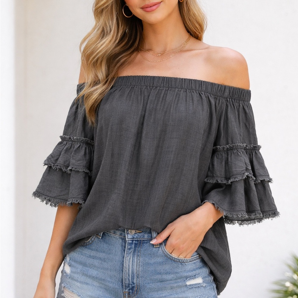 Elan Off-Shoulder Ruffle Sleeve Top - Charcoal Boho Blouse